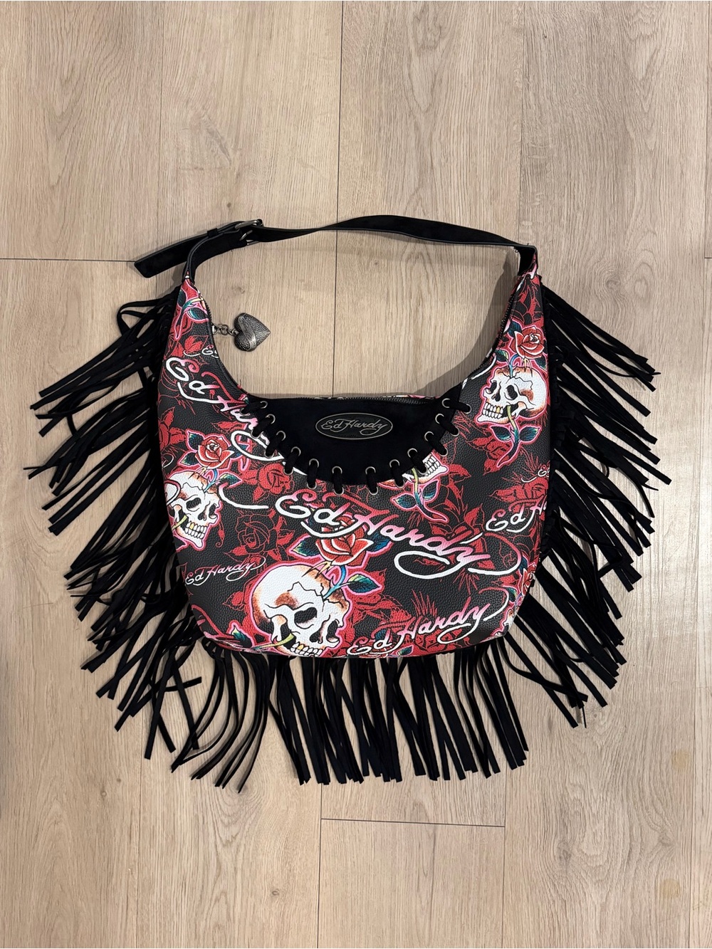 NWOT Ed Hardy Black & Red Skull Rose Fringe Hobo Shoulder Bag
